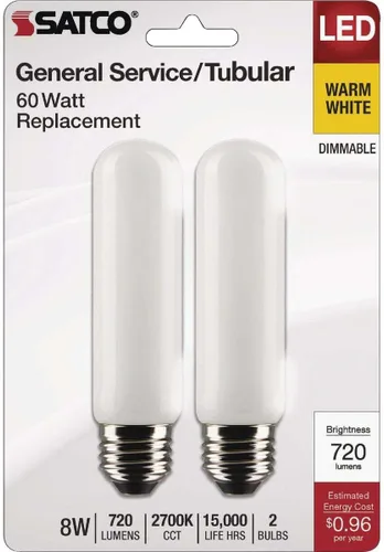 Miniatura 2 de Satco 21866-8T10/LED/FR/927/120V/E26/2CD Tubular (S21866) Bombilla tubular esmerilada para imagen