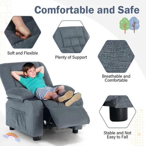 Miniatura 4 de BOSMILLER Silla reclinable para niños, sillón reclinable con respaldo para tazas y bolsillos laterales, reposapiés ajustable y reposacabezas