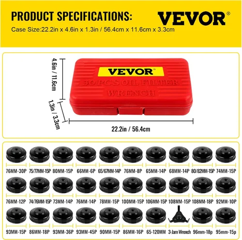 Miniatura 7 de VEVOR Juego de enchufes para filtro de aceite, 30 piezas, acero, negro, llave de 3 atascos