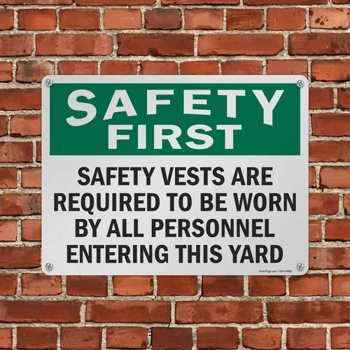 Miniatura 4 de SmartSign Letrero de metal OSHA de 18 x 24 pulgadas con texto en inglés "Safety First - Safety Vests are Required by All Personnel Entering This Se