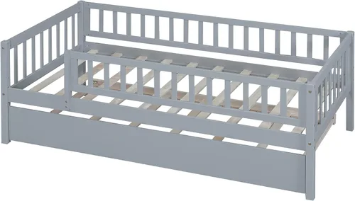Miniatura 6 de Base de cama de tamaño individual con barandillas nido y vallas, camas infantiles de madera estilo Montessori con soporte de tablillas, sofá cama