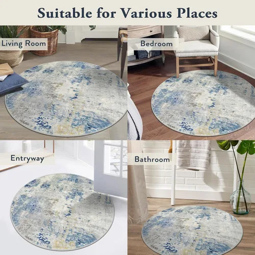 Miniatura 7 de Lahome Alfombra redonda moderna abstracta de 3 pies, color azul, lavable, de 3 x 3 pies, para cocina, entrada, suave, pequeña, antideslizante