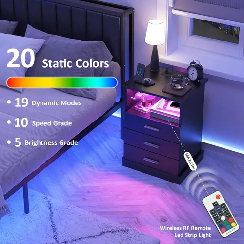 Miniatura 7 de Juego de 2 mesitas de noche negras con estación de carga, luces LED, mesa auxiliar con 3 cajones, mesa auxiliar moderna con tiras USB