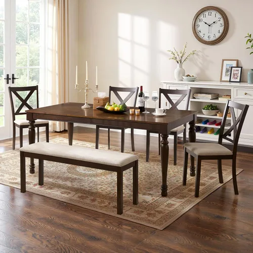 Miniatura 10 de LUXOAK Juego de mesa de comedor de madera maciza de 60 pulgadas para 6, mesa de cocina de granja con 4 sillas tapizadas y banco, 6 piezas de muebles