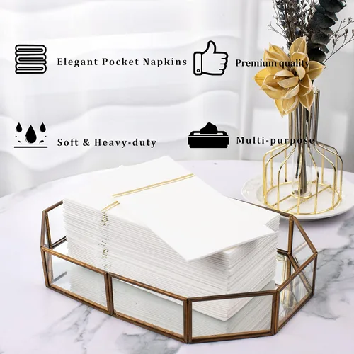 Miniatura 7 de Nervure 100 servilletas de papel doradas con bolsillo integrado para cubiertos - Servilletas desechables preplegadas blancas y doradas tipo tela