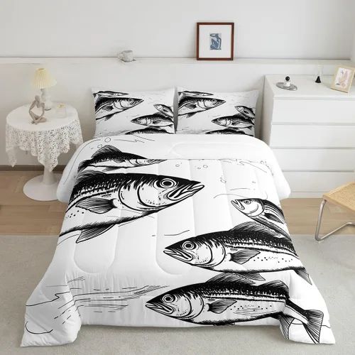 Miniatura 18 de Erosebridal Juego de ropa de cama de pesca tamaño individual, juego de edredón de peces coloridos para niños, adolescentes, hombres, pescadores