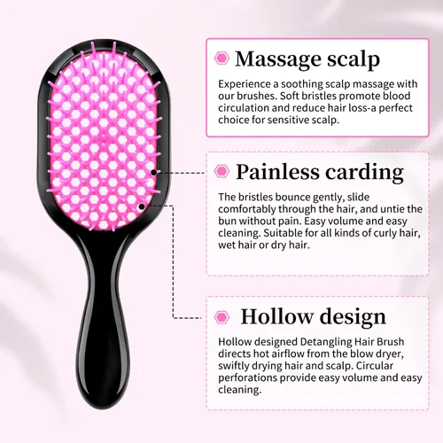 Miniatura 2 de Cepillo desenredante, paquete de 2 cepillos desenredantes, desenredante suave y eficaz en tipos de cabello frágil húmedo o seco, ultraligero, Rosa