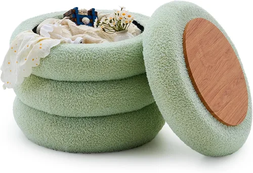 Miniatura 8 de Wimarsbon Otomana redonda de almacenamiento, moderno reposapiés de sherpa, taburete de tocador de peluche con bandeja abatible, silla de maquillaje