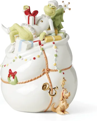 Miniatura 13 de Lenox 896338 Tarro de dulces cubierto con texto en inglés "Merry Grinchmas", decoración navideña y festiva