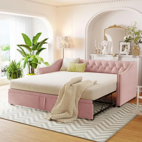 Miniatura 10 de Harper & Bright Designs Sofá cama extensible de terciopelo de tamaño individual con nido desplegable, marco de sofá cama individual a King con Gris