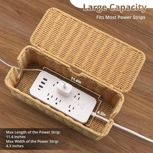 Miniatura 2 de Caja de Gestión de Cables Hecha a Mano Marrón, Organizador de Cables de Ratán de Imitación Caja Ocultadora de Cables, Caja Organizadora de Cables