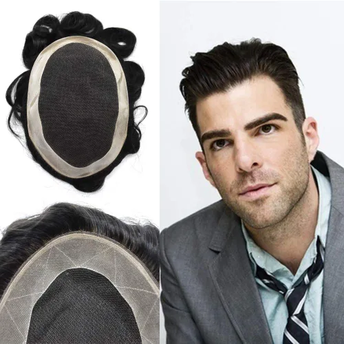 Miniatura 12 de Tupé para hombre con encaje suizo suave, sistema de reemplazo de cabello humano real para hombres, revestimiento de poliéster alrededor del cabello