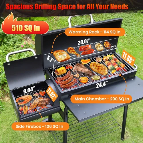 Miniatura 2 de Realcook Parrillas de carbón con ahumadores Offest: Parrilla de barbacoa de carbón de barril espaciosa Combo de parrilla para ahumar barbacoa