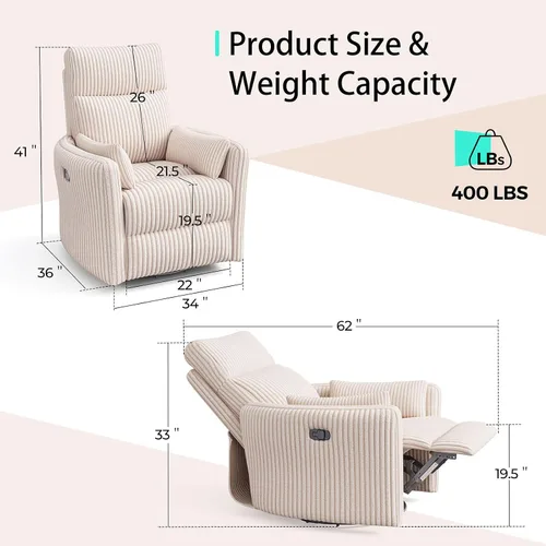 Miniatura 2 de LINSY Silla reclinable giratoria 360, mecedora para guardería con 2 almohadas, silla de enfermería de pana, cómoda silla de enfermería con respaldo
