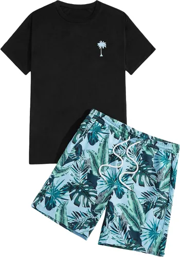 Miniatura 45 de GORGLITTER Conjunto de 2 piezas de camiseta gráfica de manga corta para hombre, estampado hawaiano con cordón y pantalones cortos