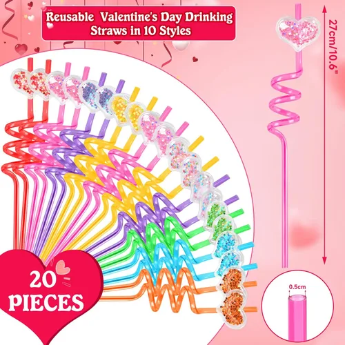 Miniatura 2 de JANYUN Pajitas, 20 popotes de plástico reutilizables con forma de corazón, regalos para fiestas, popotes con purpurina, regalos para niños, premios