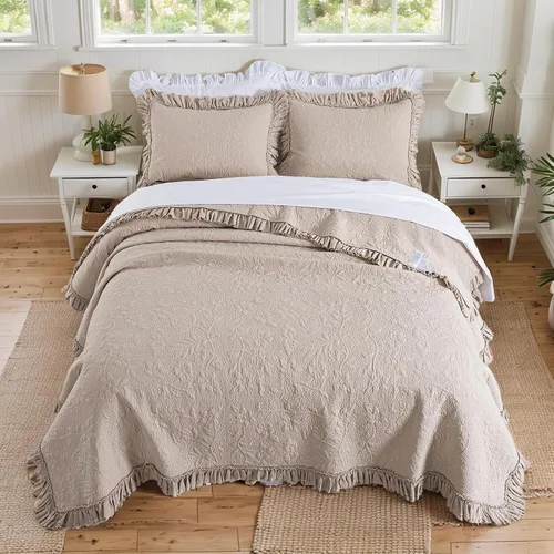 Miniatura 15 de Brandream Juego de Edredón Tamaño Queen de Algodón Beige con Estampado Floral y Enredaderas Matelassé Juego de Colcha con Volantes 3 Piezas