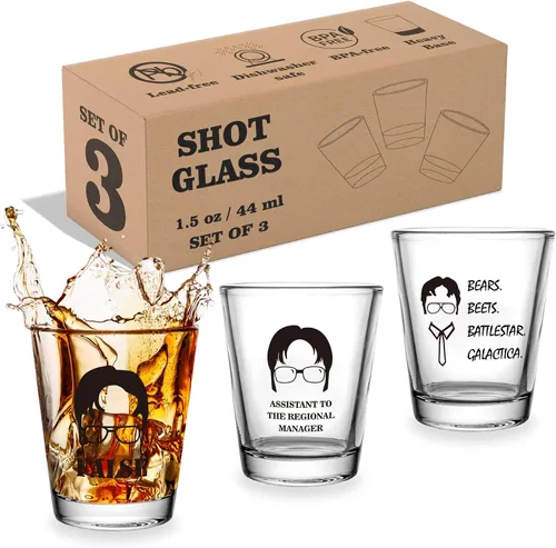 The Office Merchandise - Juego de 3 vasos de chupito de 1.5 onzas con base pesada, regalos divertidos para hombres, mujeres o fanáticos de programas