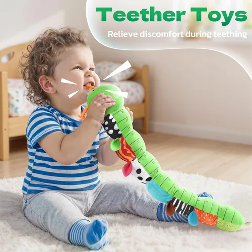 Miniatura 4 de HEMRLY Juguetes de Regalo para Bebés, Juguete Sensorial de 0-6 Meses, Peluche Musical de Oruga con Mordedor Suave, Sonajero para el Tiempo Boca Verde
