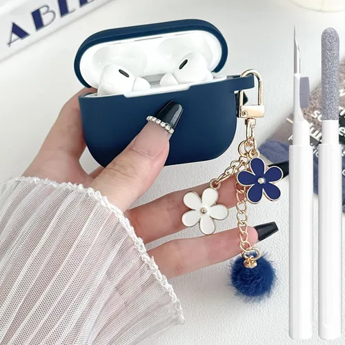 Miniatura 48 de Bonita funda negra para Airpods de 2ª/1ª generación para niñas y mujeres, con llavero de pompón de flores y kit de limpieza, funda protectora tipo