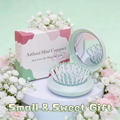 Miniatura 6 de Mini cepillo de pelo con espejo para viajes y bolso, cepillo redondo compacto de tamaño de bolsillo y espejo, combo de regalo para mujeres, verde