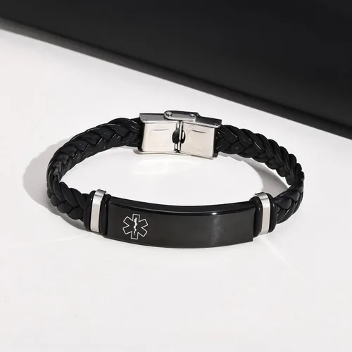 Miniatura 5 de MEALGUET Pulseras médicas personalizadas para hombres: grabado gratuito de acero inoxidable negro y cuero trenzado pulsera de alerta médica