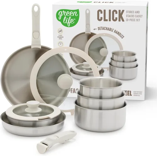 GreenLife Ollas y sartenes de acero inoxidable de 10 piezas, juego de cocina desmontable y apilable, utensilios de cocina sin PFAS de tres capas,