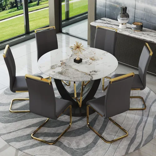 Miniatura 45 de JUFU Juego de mesa de comedor redonda para 4, mesa de comedor de 48 pulgadas con mesa de mármol sintético y 4 sillas tapizadas, moderno juego