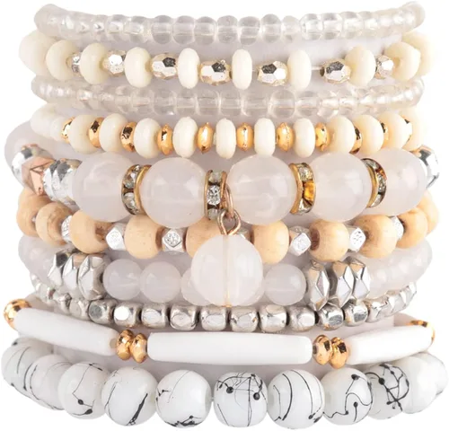 Miniatura 3 de RIAH FASHION Bohemian Multi-Layer Beaded Pendant Statement Stretch Strand Bracelet - Sparkly Bead Tassel Pom Pom Star Charm Stack Cuff Bangles