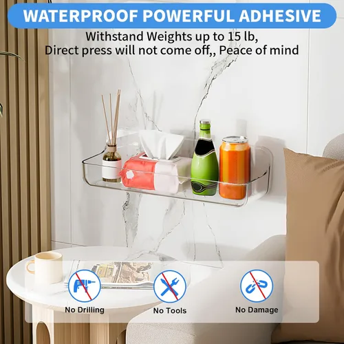Miniatura 3 de Diesisa Organizador de pared acrílico de 2 piezas, estante adhesivo, organizadores de pared, sin perforaciones, estantes de baño, estante de pared