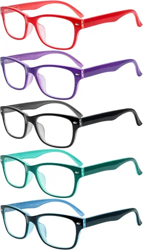 SIGVAN - Paquete de 5 gafas de lectura con bloqueo de luz azul, anteojos de calidad, bisagras de resorte, lectores de computadora coloridos para 5