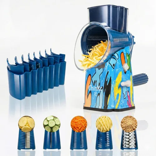 Rallador rotativo de queso mejorado con asa, base de succión fuerte, rebanador giratorio multiusos con 5 cuchillas intercambiables para hielo,