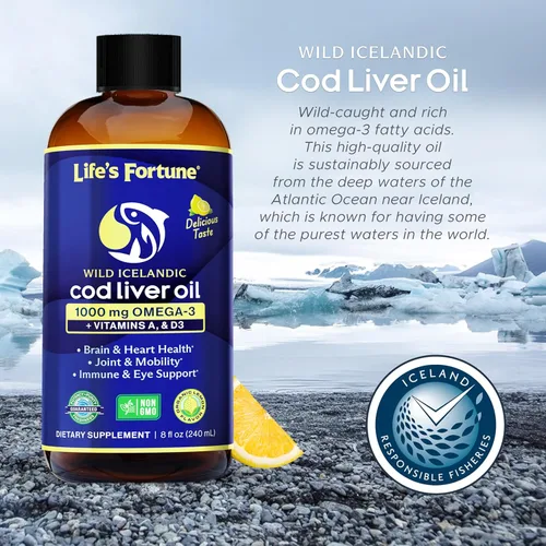 Miniatura 6 de Life's Fortune Aceite de hígado de bacalao líquido orgánico sabor a limón (8 onzas) 1000 mg de Omega + vitamina A, E y D3 – Apoya la salud