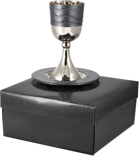 Miniatura 7 de Lujoso juego de copas de Kidush en caja de regalo - Níquel pulido y esmaltado (gris oscuro) Elegante copa de vino de 5.75" pulgadas y bandeja a