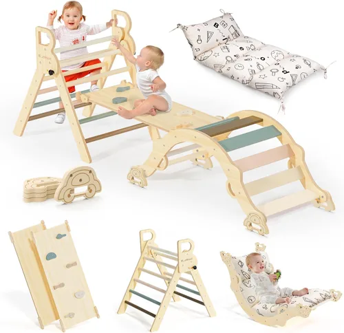 Miniatura 14 de BlueWood Set de Triángulo Pikler con Cojín, Juguetes de Escalada 8-en-1 para Niños Pequeños, Gimnasio de Juegos con Filosofía Montessori con Arco