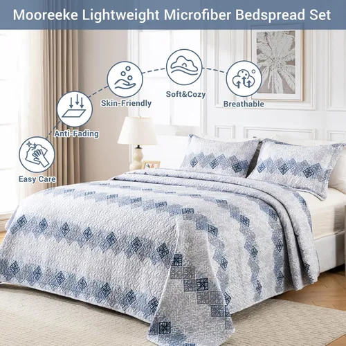 Miniatura 4 de Mooreeke Colchas ultrasónicas en relieve tamaño Queen, colchas ligeras con patrón geométrico de rayas grises y azules con fundas, colcha