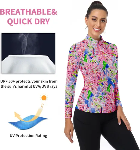 Miniatura 85 de WOWENY Camiseta deportiva de manga larga para mujer, con cremallera de un cuarto, cuello para entrenamiento, camiseta de tenis con estampado