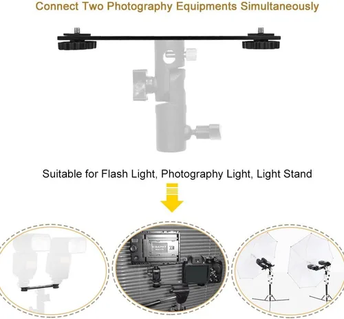 Miniatura 5 de Soporte de flash dual 8in/20.3cm Soporte de trípode de montaje de cámara con tornillo de 1/4 soporte de luz de flash para micrófono de luz LED 3D