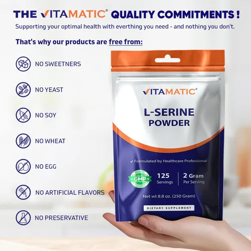Miniatura 6 de Vitamatic L-Serine - Polvo puro de 8.82 oz 2000 mg por porción 125 porciones Sin sabor Sin aditivos Libre de soja, huevos, pescado e