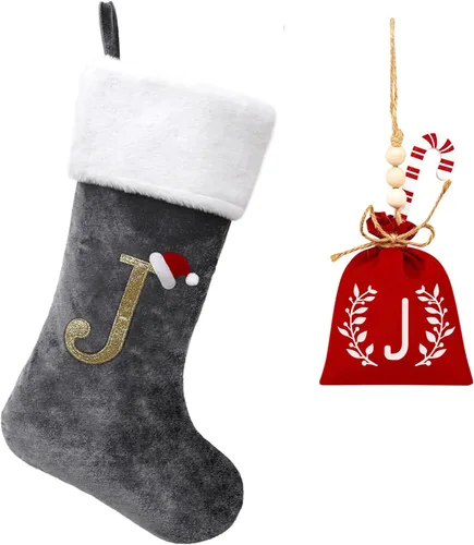 Miniatura 157 de Calcetines de Navidad bordados de 20 pulgadas con monograma, terciopelo negro con puño de felpa blanca supersuave, adornos clásicos para decoración