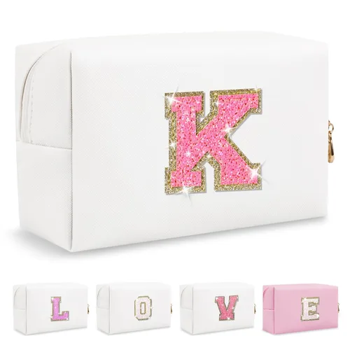 Miniatura 415 de Pequeña bolsa de maquillaje personalizada con inicial A-Z Preppy Patch, bolsa de cosméticos de viaje de felpilla blanca con cremallera, bonita bolsa