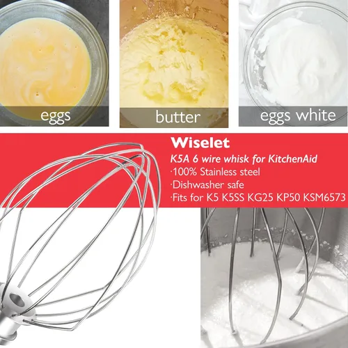 Miniatura 3 de Batidor de acero inoxidable K5A para mezclador de soporte KitchenAid de 5 cuartos de galón con elevación de tazón, látigo de 6 alambres compatible
