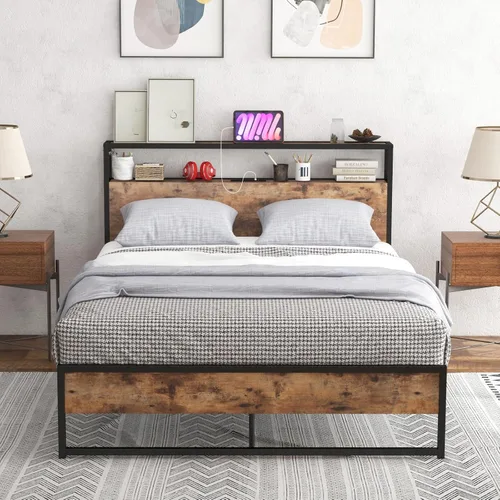 Miniatura 13 de Giantex Base de cama Queen con cabecero de luces LED y 4 cajones de almacenamiento, plataforma de metal con enchufes y puertos USB, estación