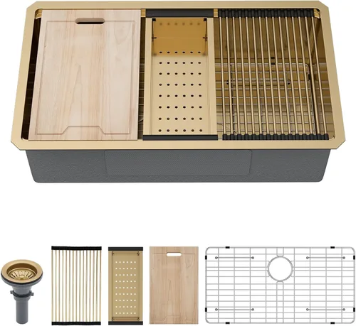 Miniatura 15 de Kichae fregadero de cocina bajo encimera de 32 pulgadas, de un solo tazón, de acero inoxidable, calibre 16, de esquina redonda, hecho a mano