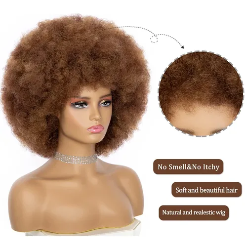 Miniatura 3 de Peluca Afro para Mujeres - Mezcla Marrón Pelucas Afro de los 70s de Aspecto Natural Enormes Pelucas Afro Kinky Rizadas con Flequillo Peluca Afro