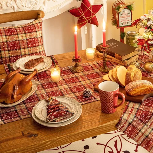 Miniatura 5 de Camino de mesa de Navidad a cuadros beige, caminos de mesa de vacaciones de invierno de 72 pulgadas de largo, decoraciones de Navidad