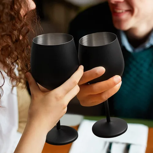 Miniatura 5 de Lifecapido Juego de 8 copas de vino de acero inoxidable, copas de vino de acero inoxidable de 18 onzas, copas de vino negras, copas de vino de metal
