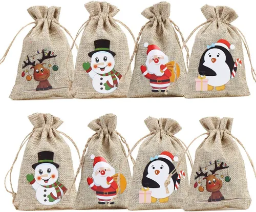 CCINEE 36 pzas bolsas de lino navideñas con cordones, bolsas de regalo de arpillera navideña con cordones dobles de yute, 4 diseños: muñeco de