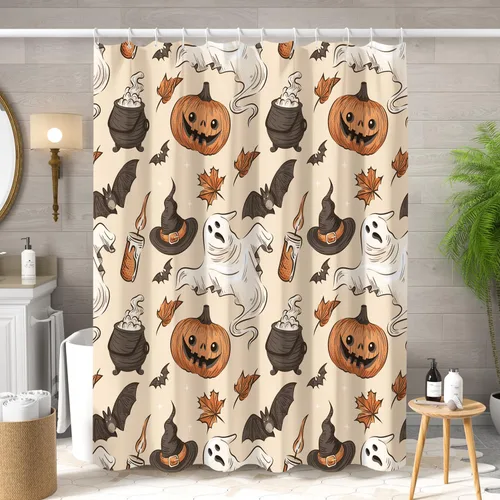 Miniatura 2 de Cortina de ducha divertida de Halloween, espeluznante y bonita, fantasma, calabazas, murciélagos, cortina de baño para niños, decoración