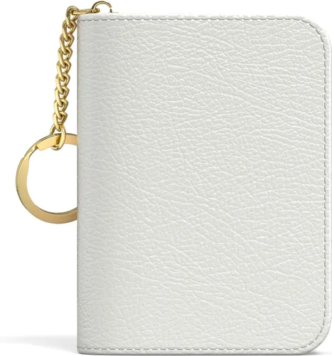 Tarjetero de crédito para mujer, pequeña cartera RFID delgada de cuero organizador de tarjetas de visita con cremallera y llavero, color blanco